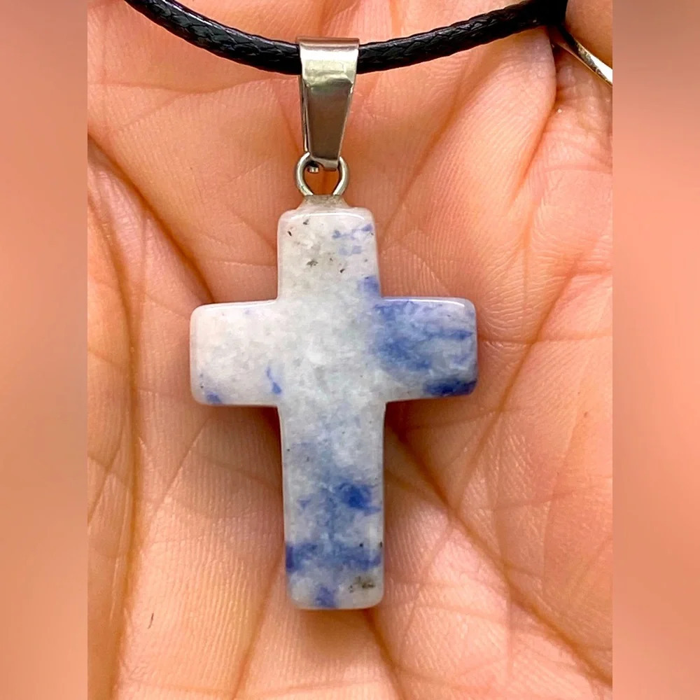 Sodalite Cross Natural Braided Stainless Steel Necklace NWT